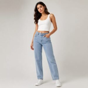 Thewedd Minimalist Light Blue Baggy Non-Stretch Cotton Denim Jeans