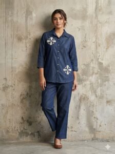 Thewedd Dark Blue Pearl Embellished Cotton Denim Co-ord Set