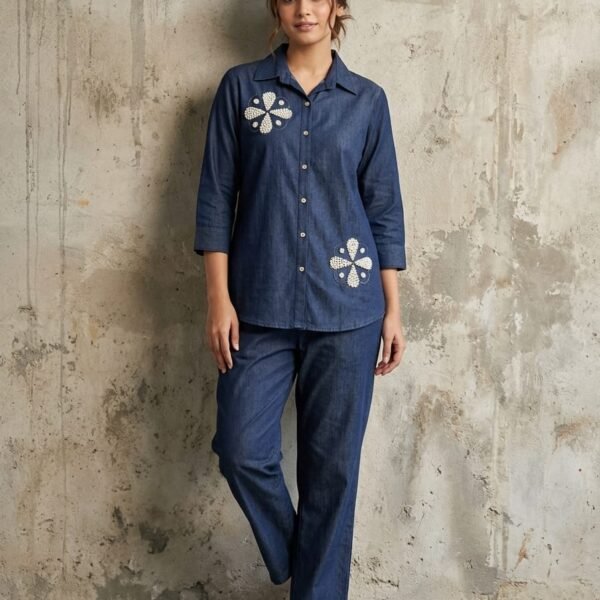 Thewedd Dark Blue Pearl Embellished Cotton Denim Co-ord Set