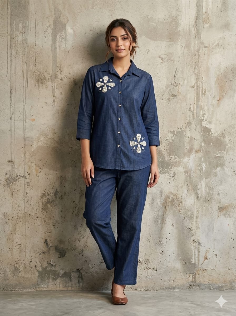 Thewedd Dark Blue Pearl Embellished Cotton Denim Co-ord Set