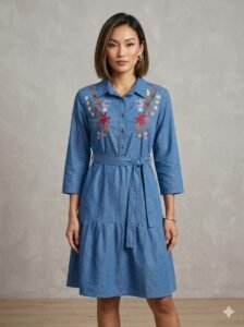 Thewedd Blossom Breeze Light Wash Denim Midi Dress