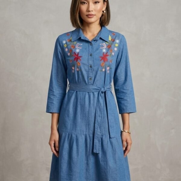 Thewedd Blossom Breeze Light Wash Denim Midi Dress
