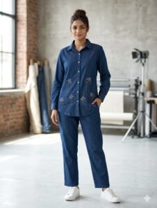 Thewedd Medium Blue Embroidered Cotton Denim Co-ord Set