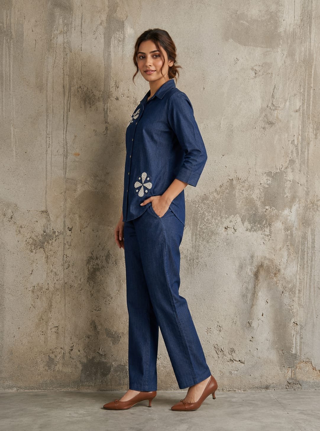 Thewedd Dark Blue Pearl Embellished Cotton Denim Co-ord Set - Image 3
